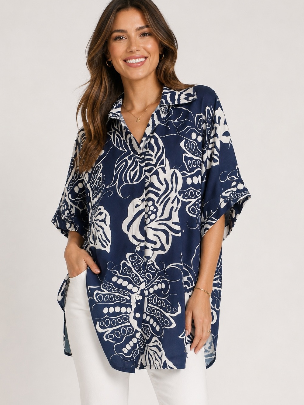 CapJuluca by Aldo Martins Venus Top Blue Floral Oversized Shirt L $223 NWT